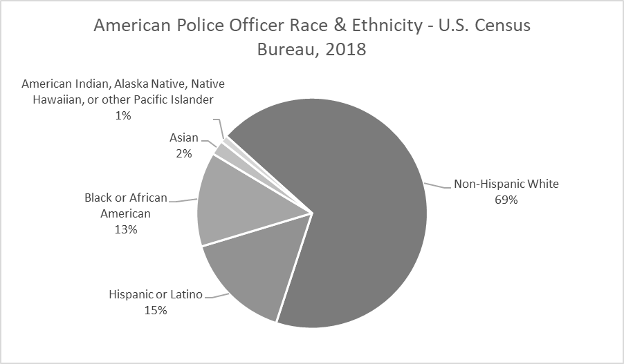 Pie chart showing that in 2018 69% of police officers identified as non-hispanic white.