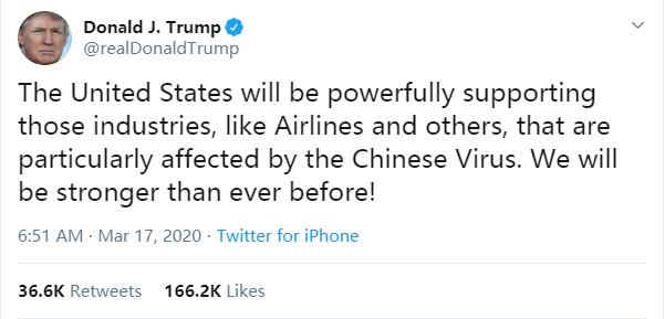 Tweet from @realDonaldTrump on March 16, 2020 referring to the Chinese Virus.
