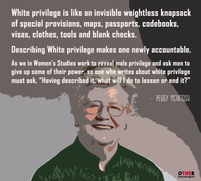 An artistic rendition of Peggy McIntosh with her quote.