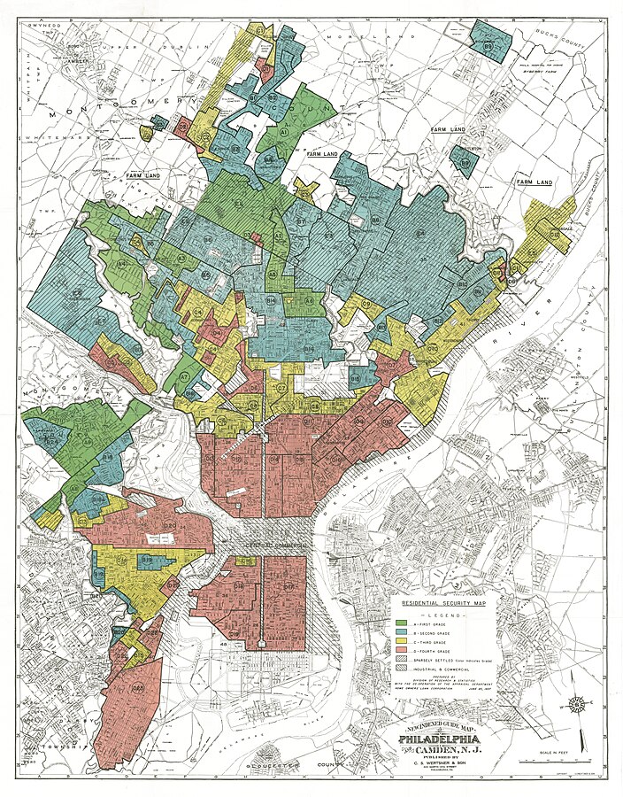 Map of the city of Philadelphia showing risky areas in red.