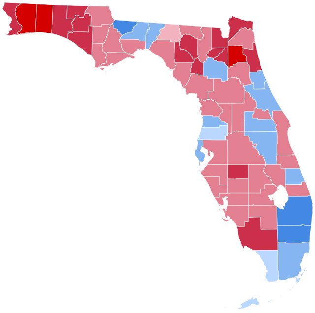 An electoral map of Florida illustrating the counties that voted Republican (red) and those that voted Democrat (blue) in the 2000 presidential election