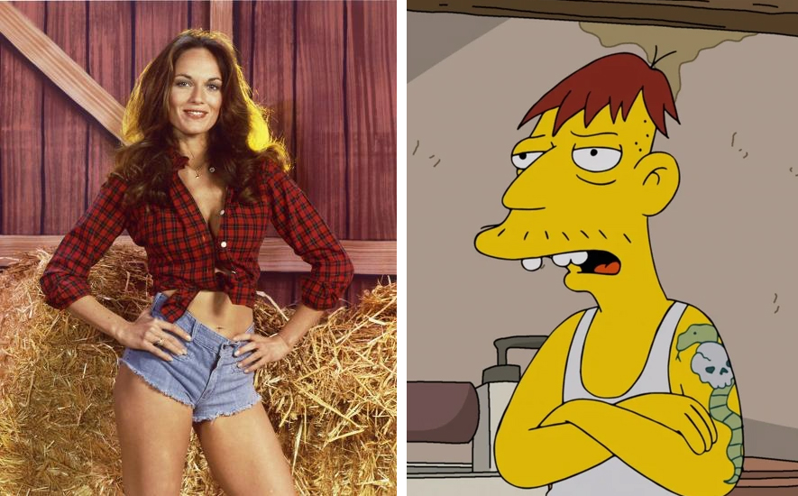 Left: Image of actress Catherine Bach as Daisy Duke wearing her iconic short denim shorts and a cropped button up top from the original series The Dukes of Hazzard. Right: The yellow animated character Cletus Spuckler from The Simpsons.