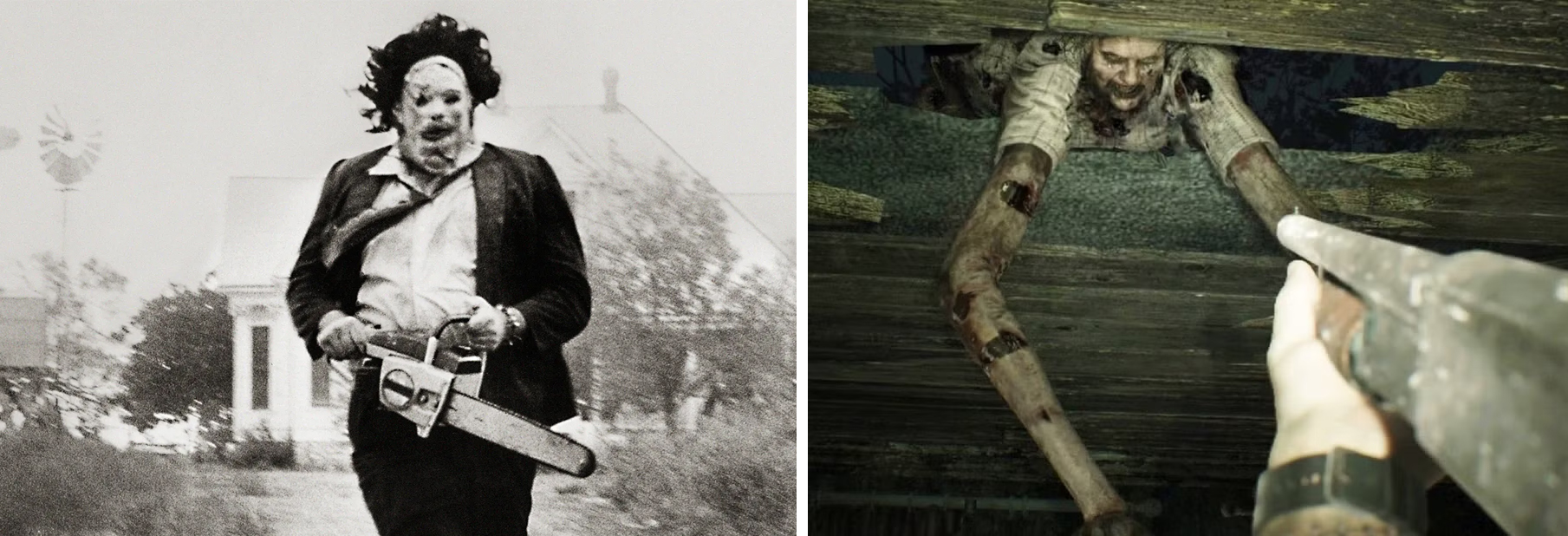 Left: A still shot of Leatherface wielding a chainsaw from the film The Texas Chainsaw Massacre. Right: Still shot of an antagonist character breaking through a wall toward the armed protagonist from the video game, Resident Evil 7: Biohazard.