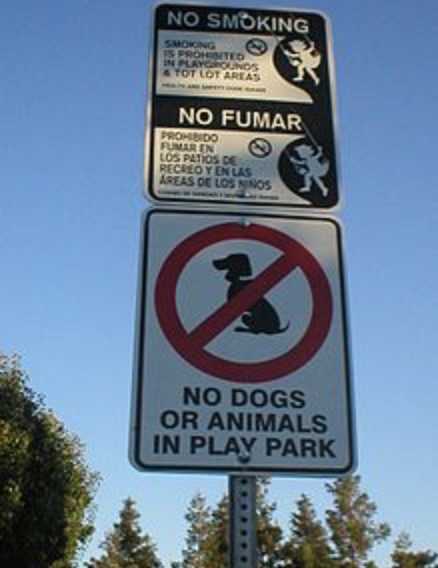 A sign with warnings and instructions such as "No dogs or animals in play park" and "no fumar/no smoking."