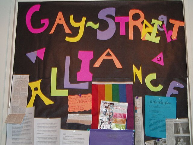 A bulletin board at a school with posters, a rainbow Pride flag, and the words "gay straight alliance" pinned to the board.