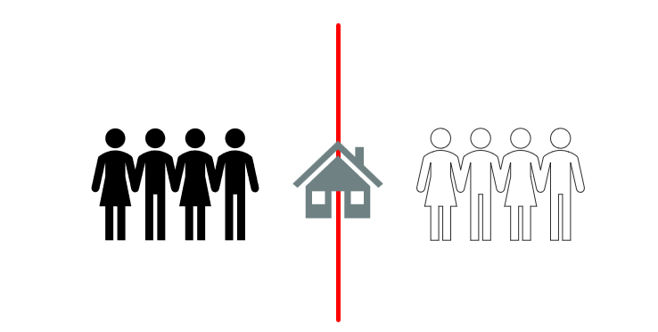 Clip art image representing redlining with Black and white people separated by a house with a large red line through the center.