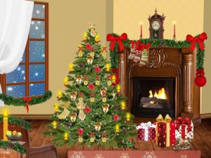 living room with fireplace, Christmas tree, and presents