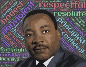 Martin Luther King, Jr. surrounded by words that describe him
