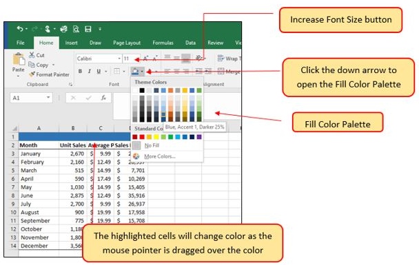 Fill Color Palette drop-down menu with range of colors.