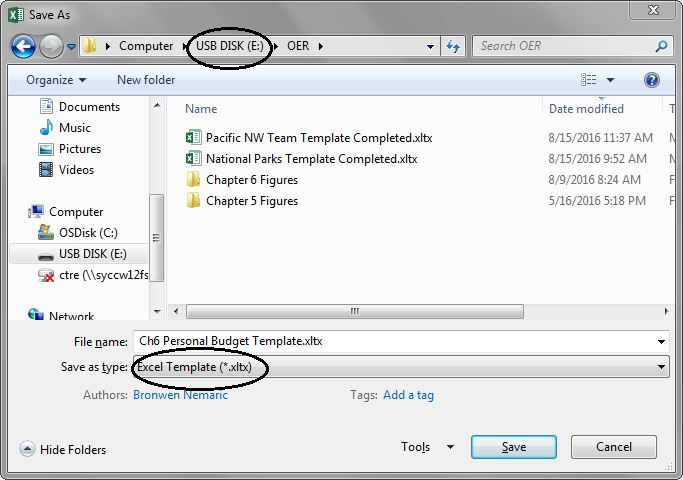 Save As dialog box, with "USB DISK (E:)" file path visible at top, and "Excel Template(*.xltx)" selected from "Save as type:" drop-down menu at bottom.