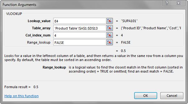 Function Arguments window with VLOOKUP parameters entered. Lookup_value: E4. Table_array: 'Product Table'!$A$1:$D$13. Col_index_num: 4. Range_lookup: FALSE. Formula result = 0.5.