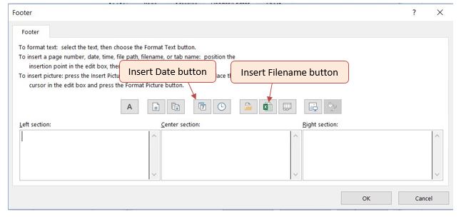 Custom Footer dialog box with row of buttons to insert information into three text areas below: Left section (Alt + L), Center section (Alt + C), Right section (Alt + R).