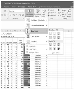 Conditional formatting drop-down menu with Data Bars selected and Gradient/Solid Fill options.