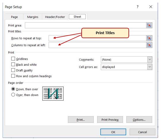 Page setup dialog box, Sheet tab open. Print Title options are "Rows to repeat at top:" or "Columns to repeat at left:"