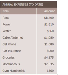 Completed Expenses Summary formulas. Title: ANNUAL EXPENSES (TO DATE). Two columns: Item (left), and Amount (right). Information displayed in cells: Rent $8400.00. Power $1610. Water $360. Cable/Internet $1080. Cell Phone $1080. Car Insurance $900. Groceries $4175. Miscellaneous $2535. Gym Membership $360.
