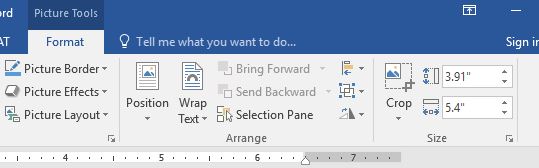 Format tab to Size group options with Shape Width field selected and 5.4" entered. Height is 3.92"