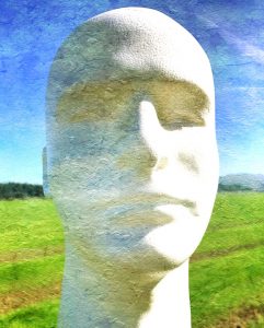 Human head sculpture in a field of grass seed