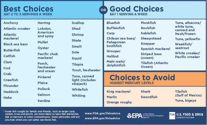 The graphic shows a list of fish categorized by "Best Choices" that can be eaten in 2-3 servings per week (e.x., catfish, clams, cod, crab, oysters, salmon, scallops, shrimp, squid, tilapia, canned tuna); "Good Choices" that can be eaten in 1 serving per week (e.x., halibut, mahi mahi, snapper, albacore tuna, yellowfin tuna); and "Choices to Avoid" that have the highest mercury levels and should be avoided by pregnant and lactating women (king mackerel, marlin, orange roughy, shark, swordfish, tilefish, bigeye tuna).